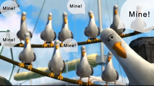 seagulls saying the word "Mine"